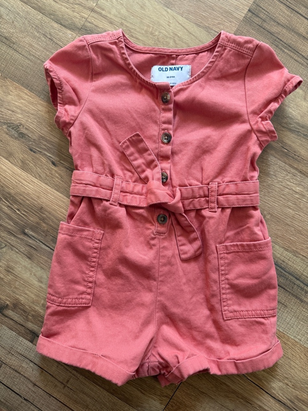 Old Navy Coral-Pink Short-Sleeve Button Romper with Belt
